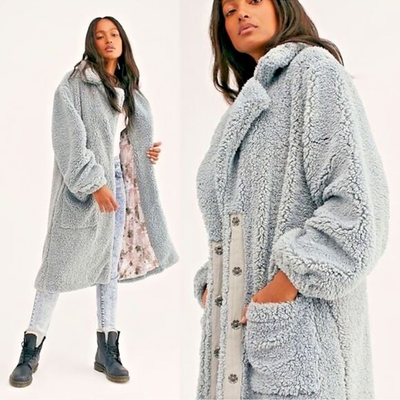 Free People Tessa Teddy Coat Medium Sherpa Coat BlueGray Free People Medium Coat - Picture 1 of 16